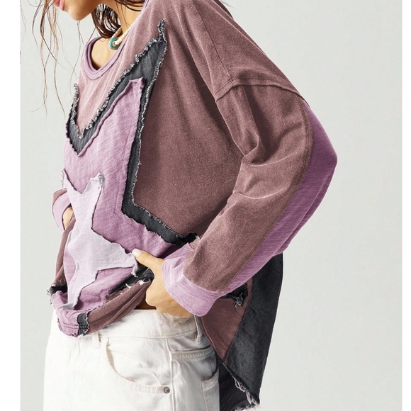 Star patch Frayed Loose Fit Long Sleeve Top - Picture 6 of 7